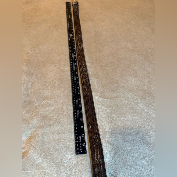 Tex Tan Dk. Brown Western tooled with silver buckle belt, 44” long - Picture 8 of 9